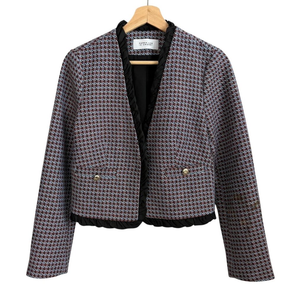 Derek Lam 10 Crosby Betti Plaid Tweed Crop Blazer Blue‎ Preppy Old Money